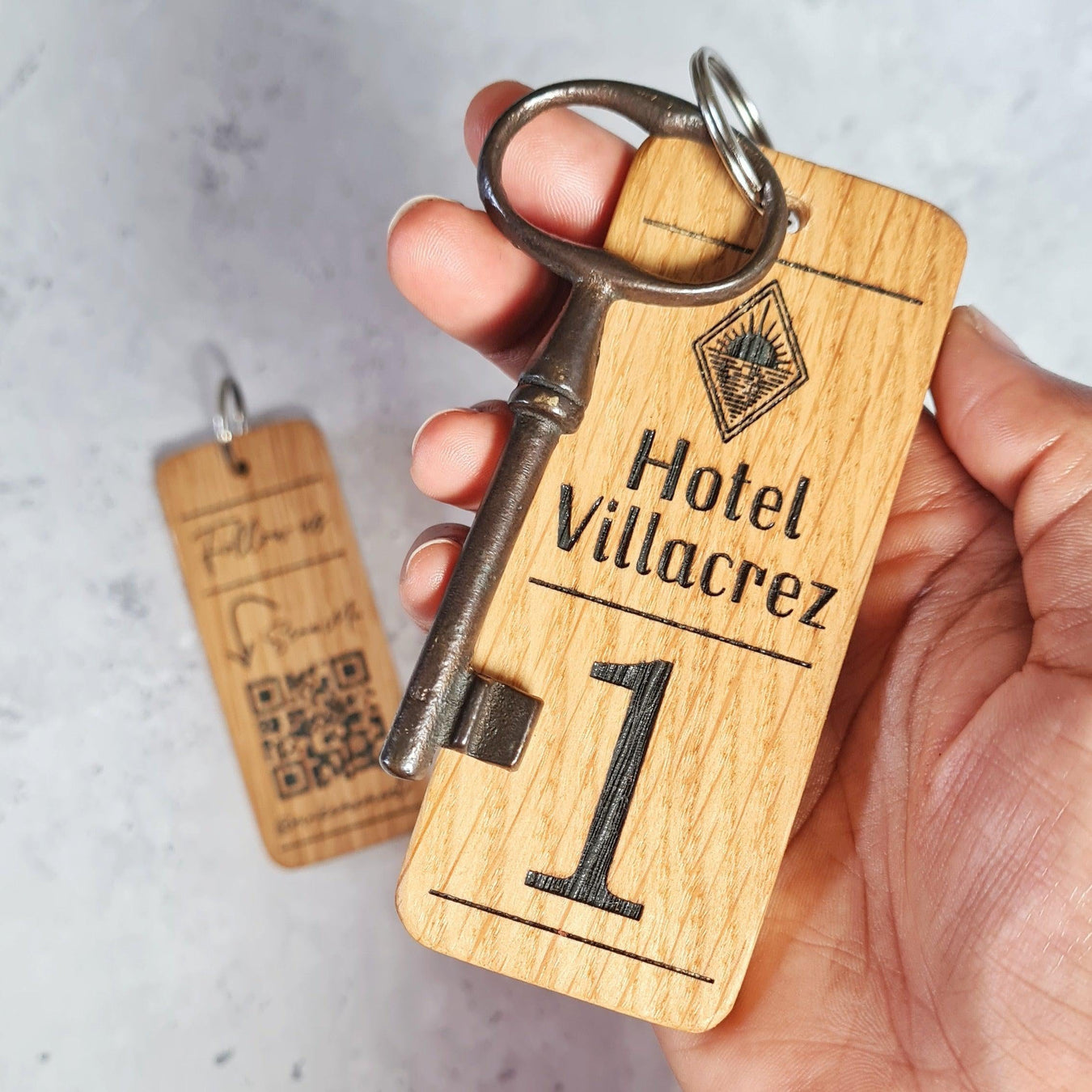 Personalised Oak Wood Keyrings I Laser Engraved Business Keyrings I Hospitality Keychains