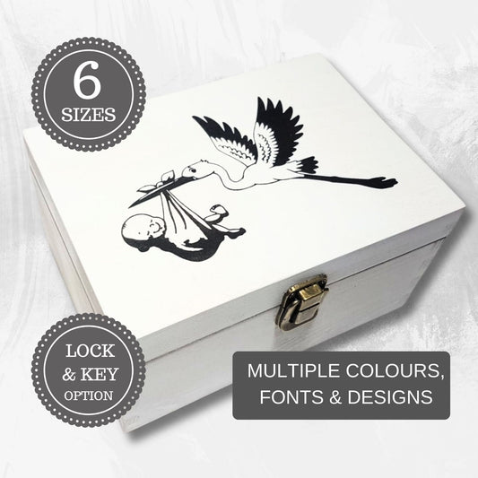 Baby's First Memory Box | Newborn Baby Stork Milestone Gift | White Wood Chest