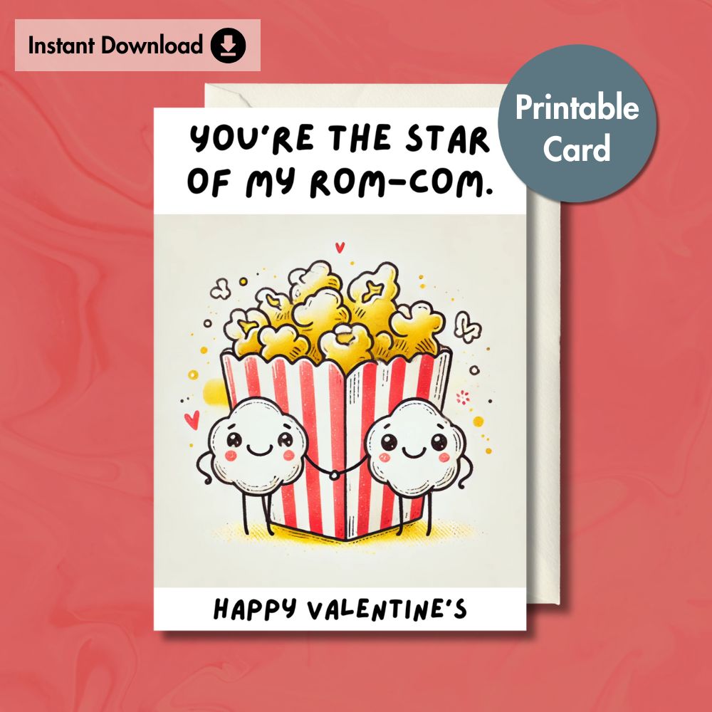 Cute Rom-Com Popcorn Printable Valentine's Card | Instant Download