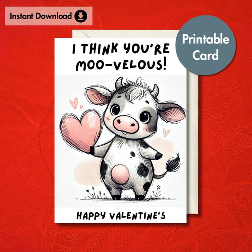 Cute You're Moo-velous Printable Valentine's Card | Instant Download