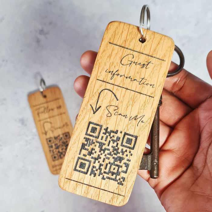 Hotel Guesthouse QR Code Keyring I Personalised Wooden Scanable Website Keyring I Custom QR Code Keychain