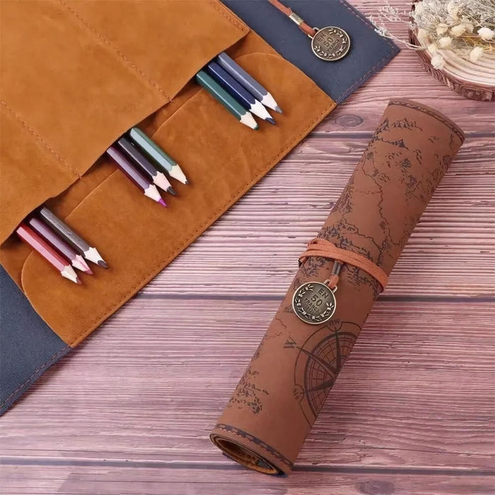 Leather Treasure Map Roll Pencil Case