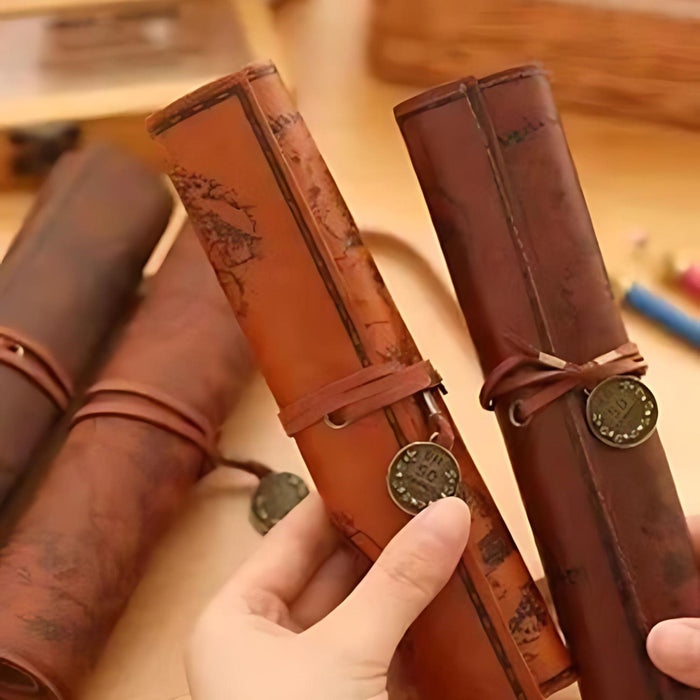 Leather Treasure Map Roll Pencil Case