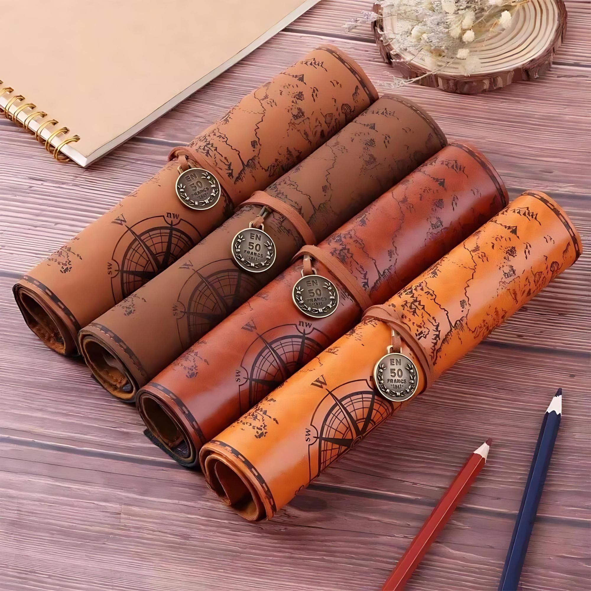 Leather Treasure Map Roll Pencil Case