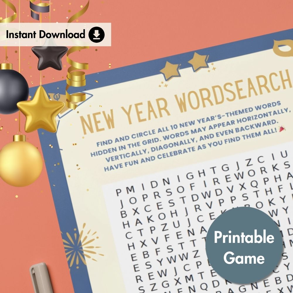 New Year Wordsearch Printable Activity Sheet - Instant Download Game