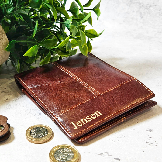 Personalised Genuine Brown Leather Wallet - Custom Message Accessory Gift for Men