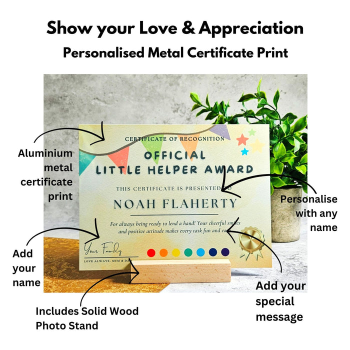 Personalised Little Helper Children's Metal Certificate