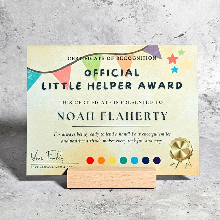 Personalised Little Helper Children's Metal Certificate