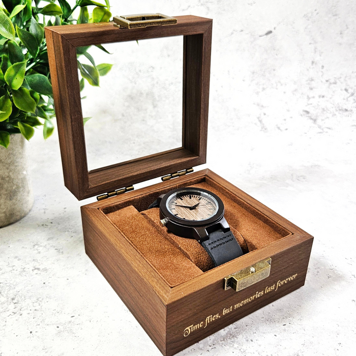 Personalised Luxury Watch Box - Walnut Wood - Clear Window Display Lid