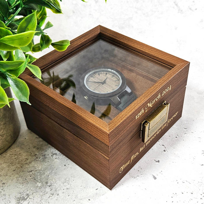 Personalised Luxury Watch Box - Walnut Wood - Clear Window Display Lid