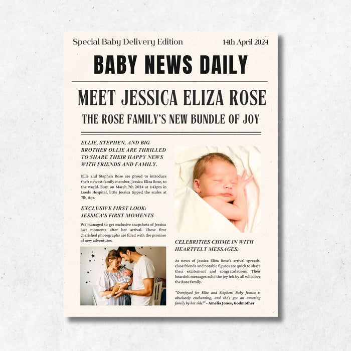 Personalised Metal Baby Announcement Newspaper Print