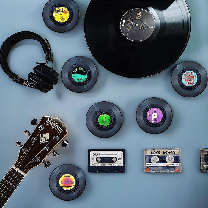 Retro Vinyl Coasters with Turntable Holder