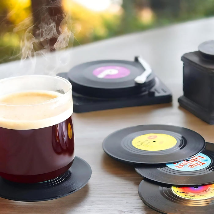 Retro Vinyl Coasters with Turntable Holder