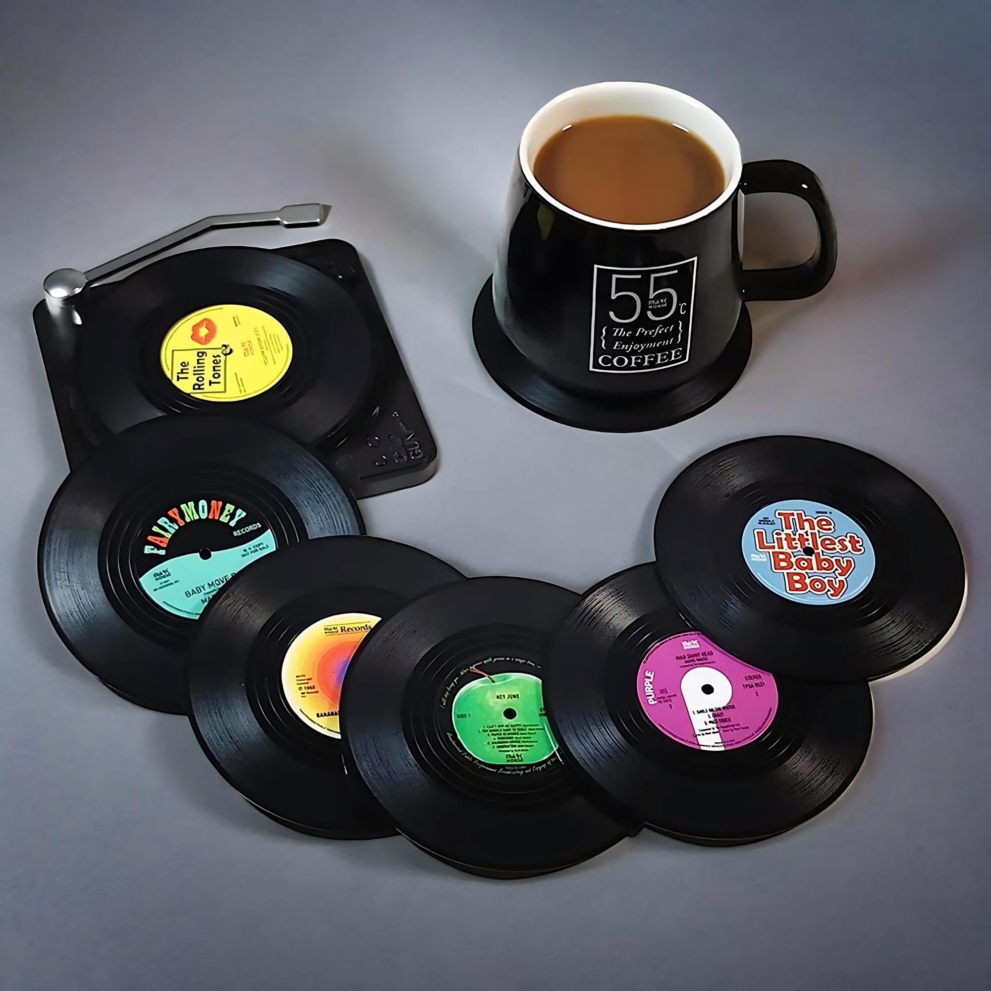 Retro Vinyl Coasters with Turntable Holder