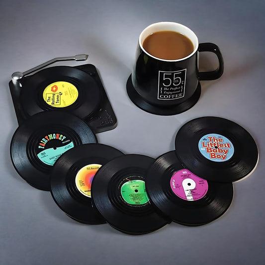 Retro Vinyl Coasters with Turntable Holder