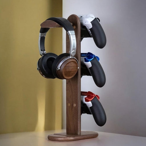 Walnut Wood Gamer Controller Rack and Headphone Holder