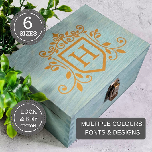 Wooden Monogram Keepsake Box I Custom Colours | Lock & Key | Sizes S-XXL