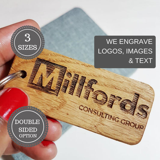 Engraved Business Logo Keyring I Branded Wooden Keychain I Personalised Oak Keyring