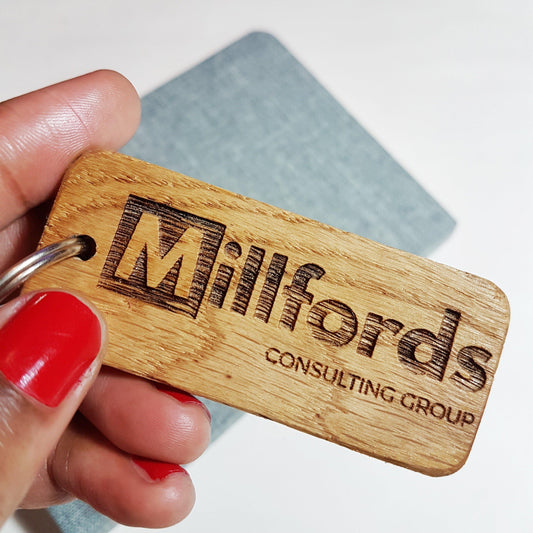 Engraved Business Logo Keyring I Branded Wooden Keychain I Personalised Oak Keyring