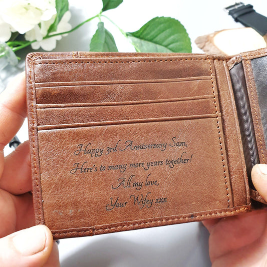 Engraved Leather Wallet I 3rd Anniversary I Personalised Gift for Men