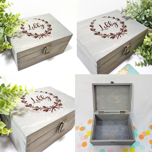 Flower Wreath Memory Box I Wooden Keepsake Box I Engraved Gift for Her