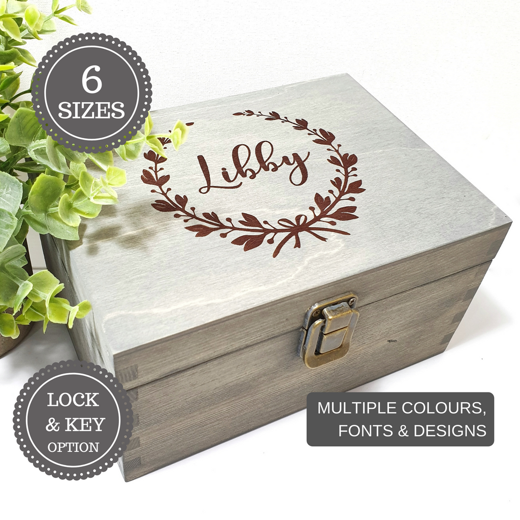 Personalized baby memory box, Baby keepsake box, Custom engraved wreath with a name top