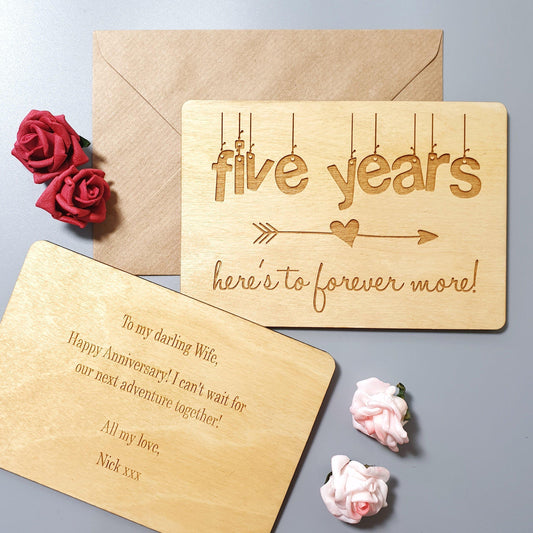 Personalised 5 Year Anniversary Wooden Card I Engraved 5th Wedding Anniversary Gift