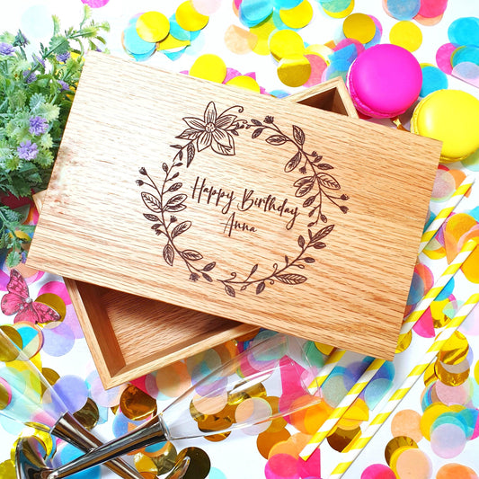 Personalised Birthday Box I Oak Wood Floral Gift Box I 21st 30th 40th 50th 60th Gift Idea