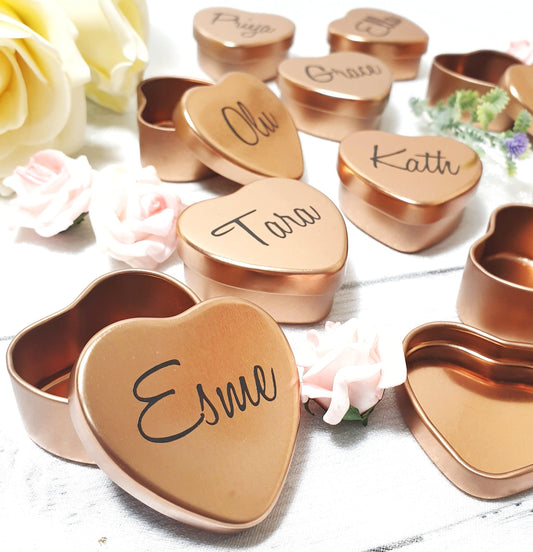 Personalised Bridesmaid Gift Box I Rose Gold Heart Favour I Wedding Guest Gift I Bridal Shower Jewellery Tin Box I Gift for Her