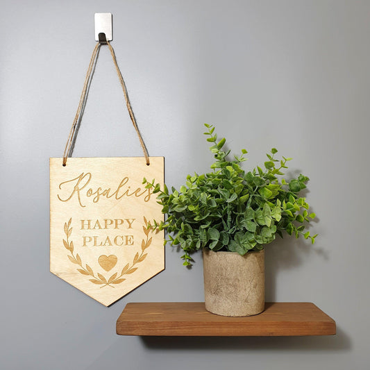 Personalised Happy Place Flag Sign I Wood Laurel Leaf Door Hanging I Well being Gift