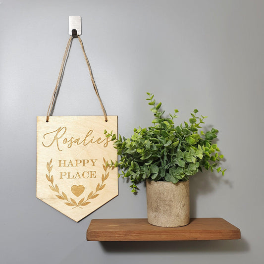 Personalised Happy Place Flag Sign I Wood Laurel Leaf Door Hanging I Well being Gift