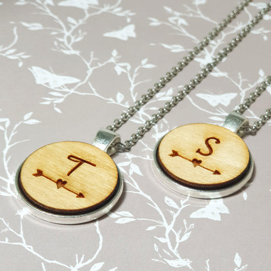 Personalised Initial Love Heart Arrow Necklace I Wooden Anniversary Gift